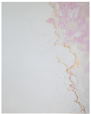 Abstract painting with textured white surface blending into pink and gold marbled accents.
